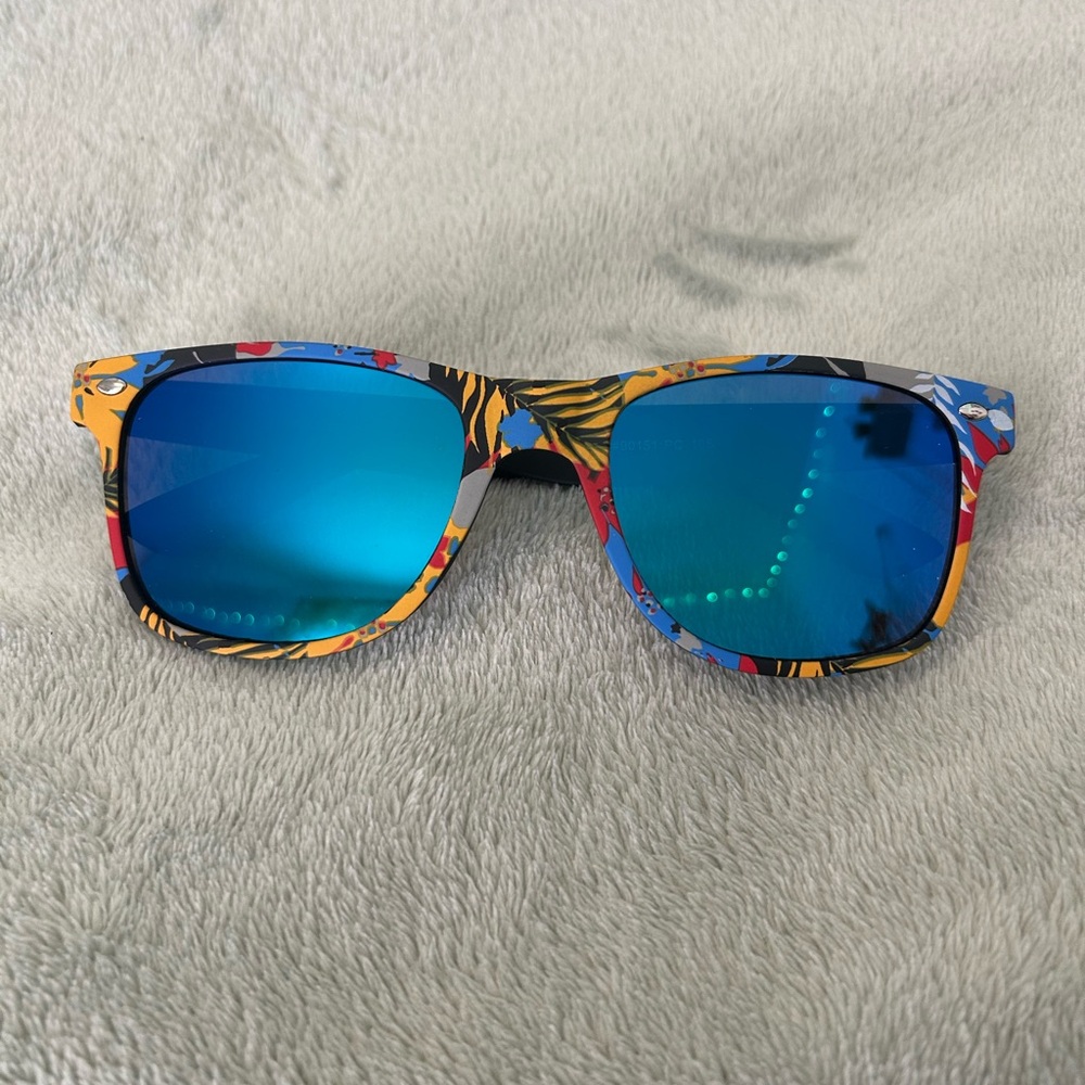 Colorful Patterned Sunglasses with Blue Lenses